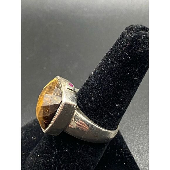 Elle sterling silver 925 Tigers Eye cushion multifaceted cut ring with signature - Picture 3 of 10